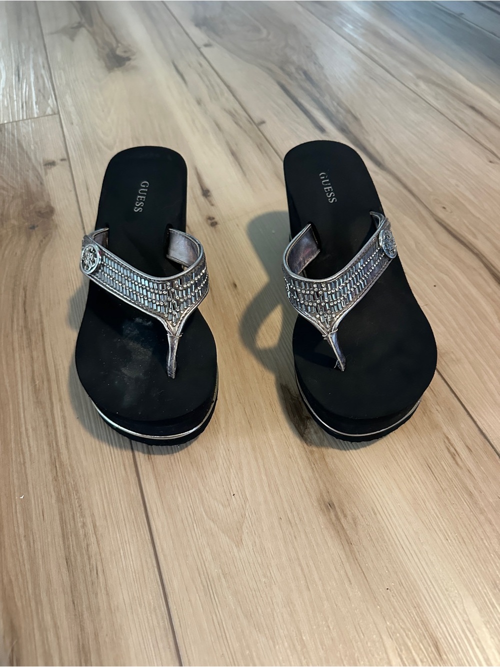 GUESS Black Wedge Sandals with Silver Metallic Straps - Picture 2 of 8